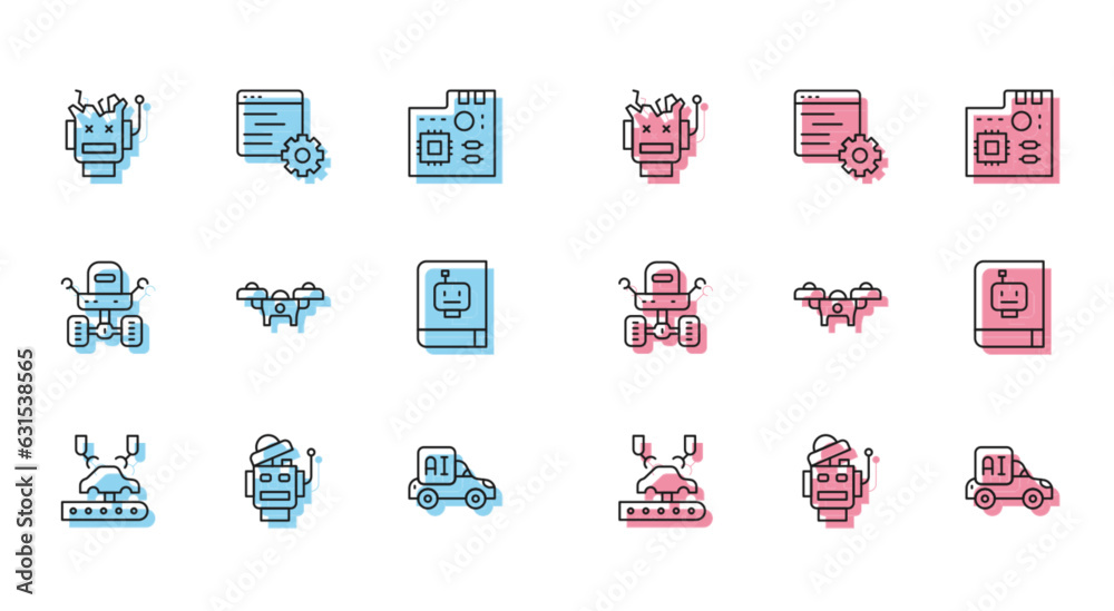 Set line Robotic robot arm on factory, Broken, Autonomous smart car, Drone, User manual, Mars rover and Computer api interface icon. Vector Set line Robotic robot arm on factory, Broken, Autonomous smart car, Drone, User manual, Mars rover and Computer api interface icon. Vector