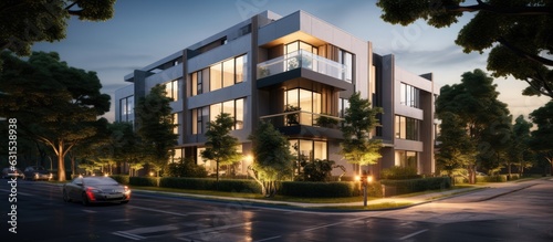 A contemporary residential apartment building with a luxurious exterior and outdoor space. This