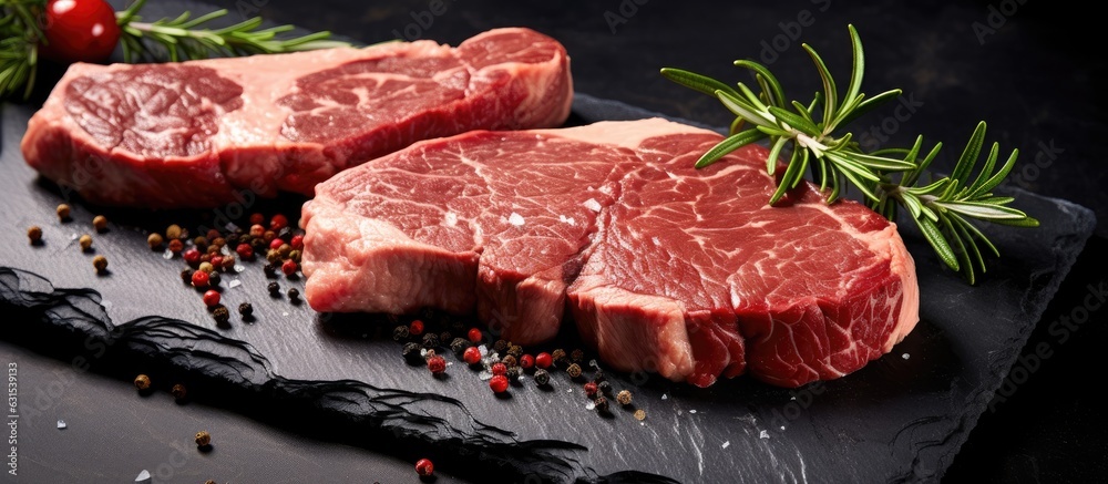 Prime Black Angus Beef Steaks, such as Striploin and Rib Eye, are presented on a stone board