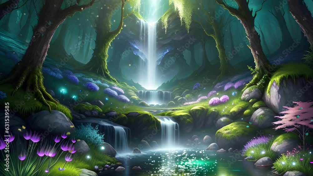 Beautiful and magical scenery of waterfall inside forest with lotus flower and tree. Seamless loop video