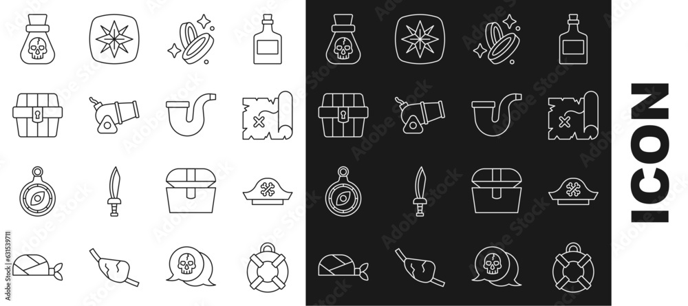 Set line Lifebuoy, Pirate hat, treasure map, coin, Cannon, Antique chest, and Smoking pipe icon. Vector Set line Lifebuoy, Pirate hat, treasure map, coin, Cannon, Antique chest, and Smoking pipe icon. Vector