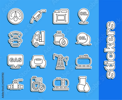 Set line Oil petrol test tube, tank storage, Word oil, Canister for motor, Gas vehicle, tanker ship, Motor gas gauge and Propane icon. Vector