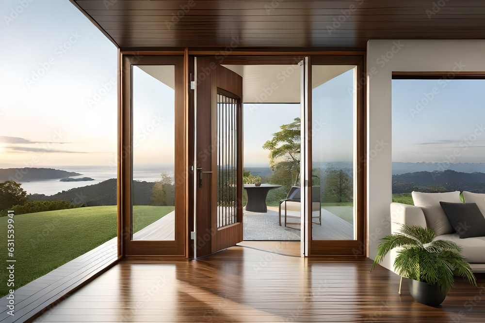 Fototapeta premium Front entry door of a modern home showing interior staircase and porch.AI generated