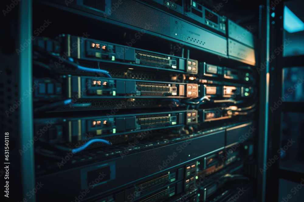 network video recorder server room with dark blurred background