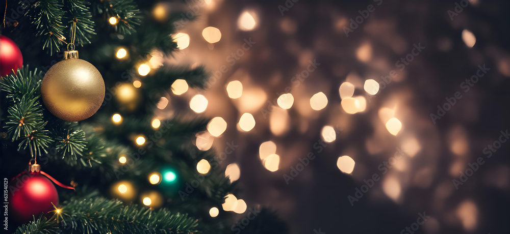 Christmas tree with baubles and bokeh blurred lights on background. Copy space. Greetings card. Christmas tree with baubles and bokeh blurred lights on background. Copy space. Greetings card.