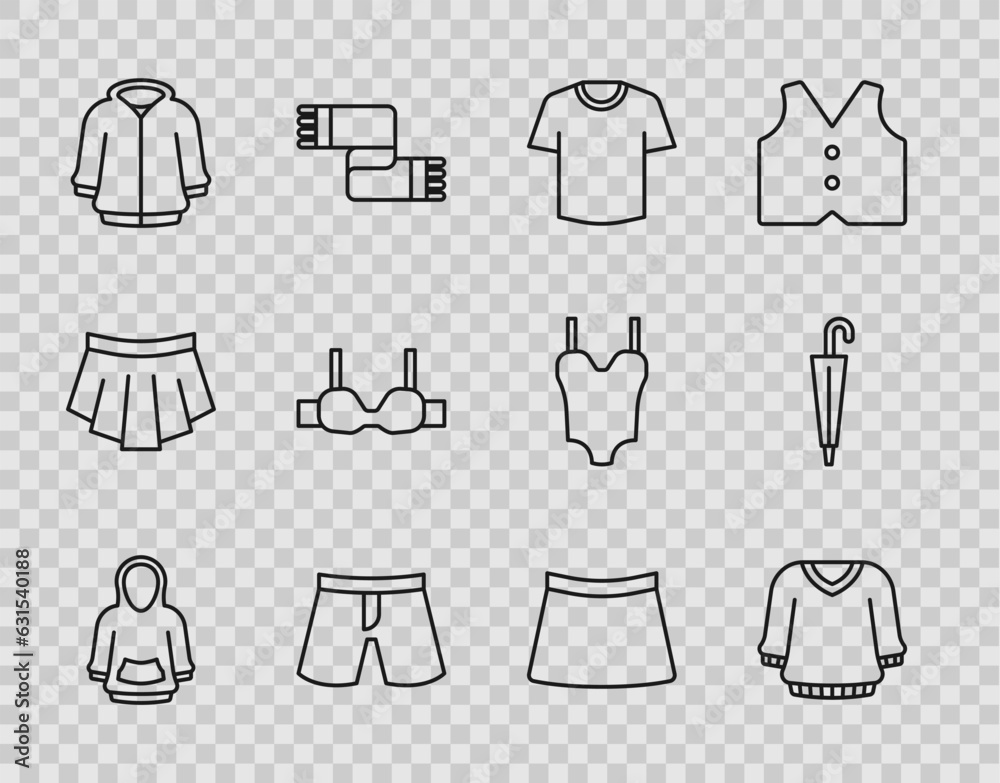 Set line Hoodie, Sweater, T-shirt, Short or pants, Bra, Skirt and Umbrella icon. Vector