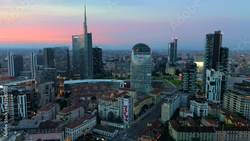 Aerial view of the skyline of a modern cityscape of business skyscrapers. Palazzo Lombardy Region, unicredit tower and UnipolSai, vertical forest. Biblioteca degli Alberi Drone. Milan Italy 13.09.2023 photo