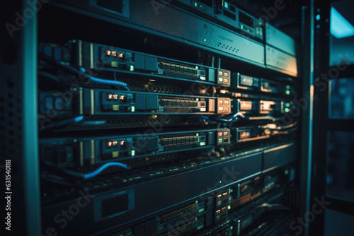 network video recorder server room with dark blurred background, generative ai