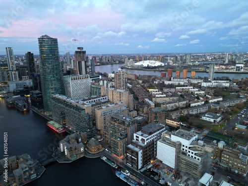 Evening view Canary Wharf financial district London UK  aerial O2 in background photo