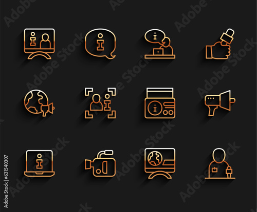 Set line Information, Cinema camera, Television report, Breaking news, Journalist, Megaphone and News radio channel icon. Vector