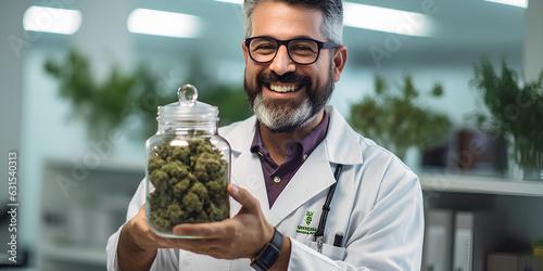 Happy doctor with medical marijuana. SBD hemp. Marijuana buds storage in the glass jar. The process of improving the fresh trimmed cannabis harvest. Medical cannabis. AI generative photo