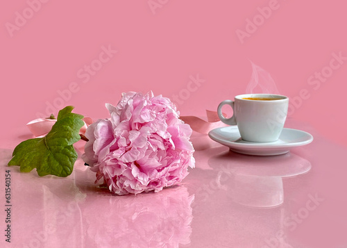 Peony flower and a cup of espress