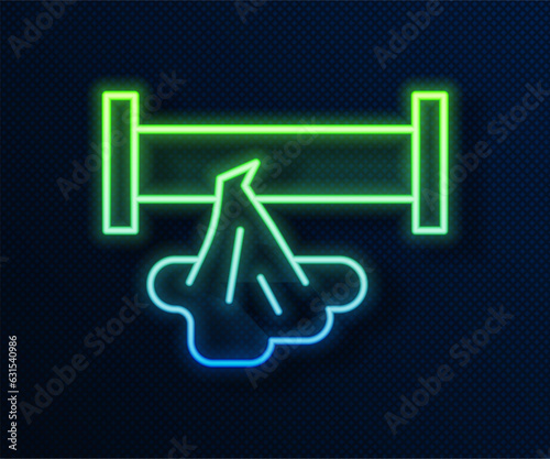 Glowing neon line Broken metal pipe with leaking water icon isolated on blue background. Vector