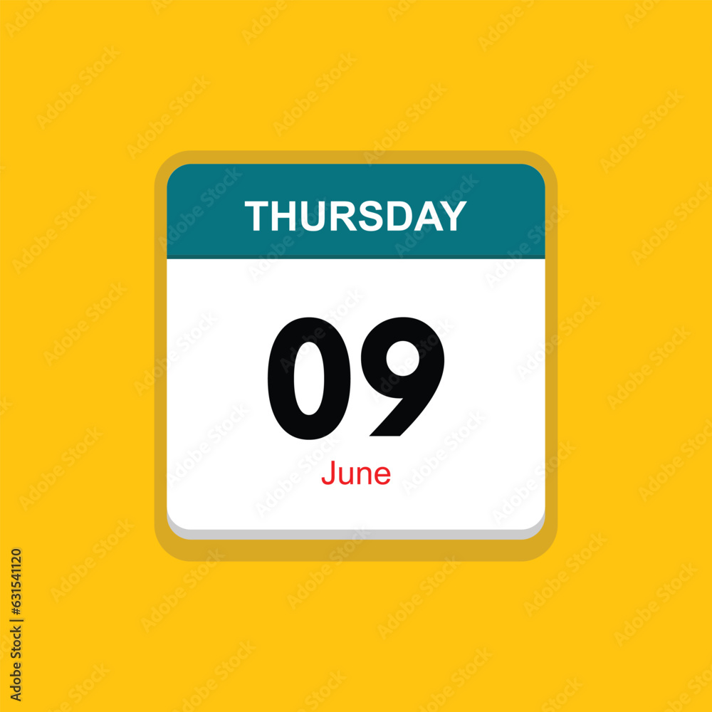 june 09 thursday icon with yellow background, calender icon