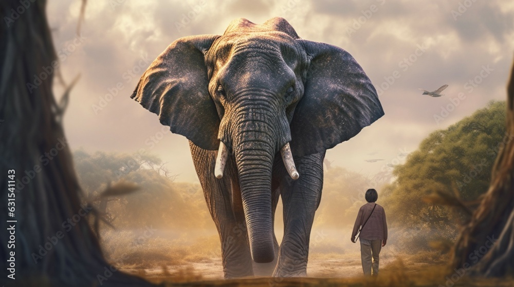 Fototapeta premium Man takes an elephant back.Generative AI