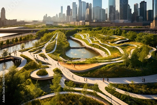 Aerial Drone Image of Maggie Daley Park in Chicago. Discover the Beautiful City Landscape with Amazing Architecture, Sculpture and Bridges in Illinois State. Generative AI photo