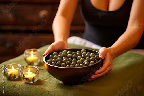 Detox Massage with Herbal Balls. Close-up of Caucasian Adult Enjoying the Benefits of Reiki  Aromatherapy and Ayurveda in a Spa. Generative AI