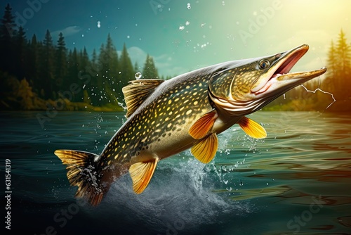 Northern Pike Fish Jumping Out of Water. 3D Render of Angler's Catch in Freshwater Lake with Splashes. Generative AI