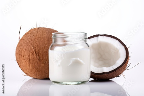 Pure Coconut Oil from Fresh Young Coconuts - Isolated on White Background. Generative AI