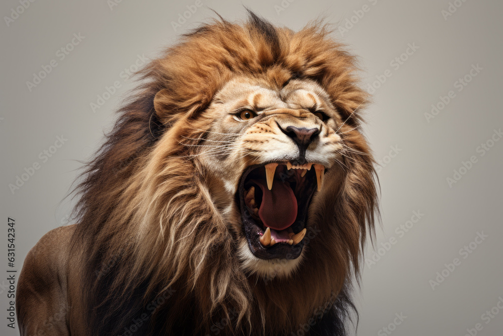 Obraz premium the lion king - roar - teeth - wild lion - studio - isolated - white background - Created with Generative AI technology.