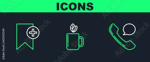 Set line Telephone handset and speech bubble chat, Bookmark and Cup of tea leaf icon. Vector