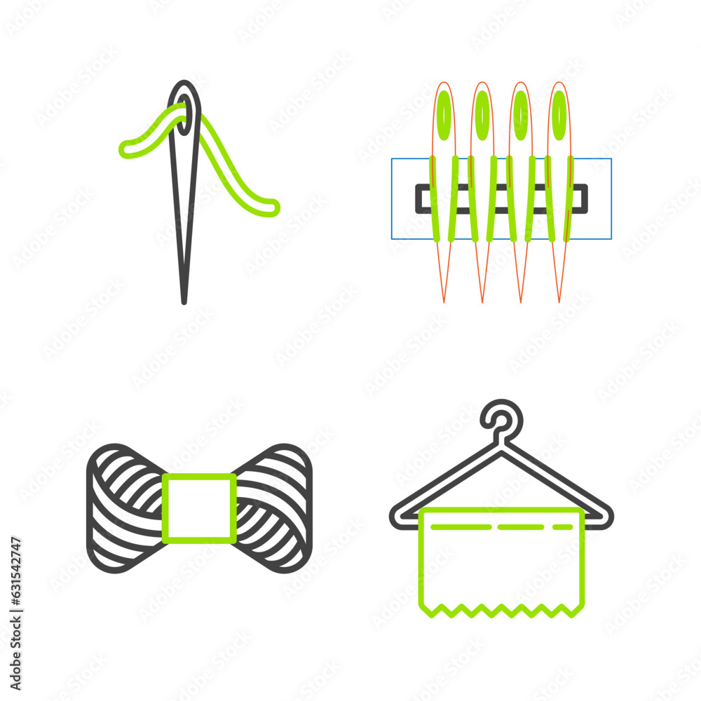Set line Hanger wardrobe, Sewing thread on spool, Needle for sewing and with icon. Vector Set line Hanger wardrobe, Sewing thread on spool, Needle for sewing and with icon. Vector