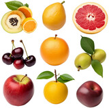 Set of different fruits isolated on transparent background, PNG file. Different fruits: pear, orange, cherry, grapefruit...