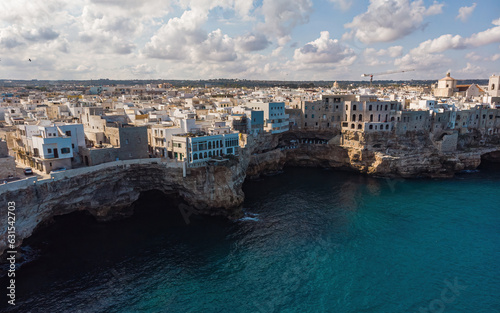 Aerial view of Polignano a Mare old town, a small city along the coast facing the Mediterranean Sea, Bari, Italy.