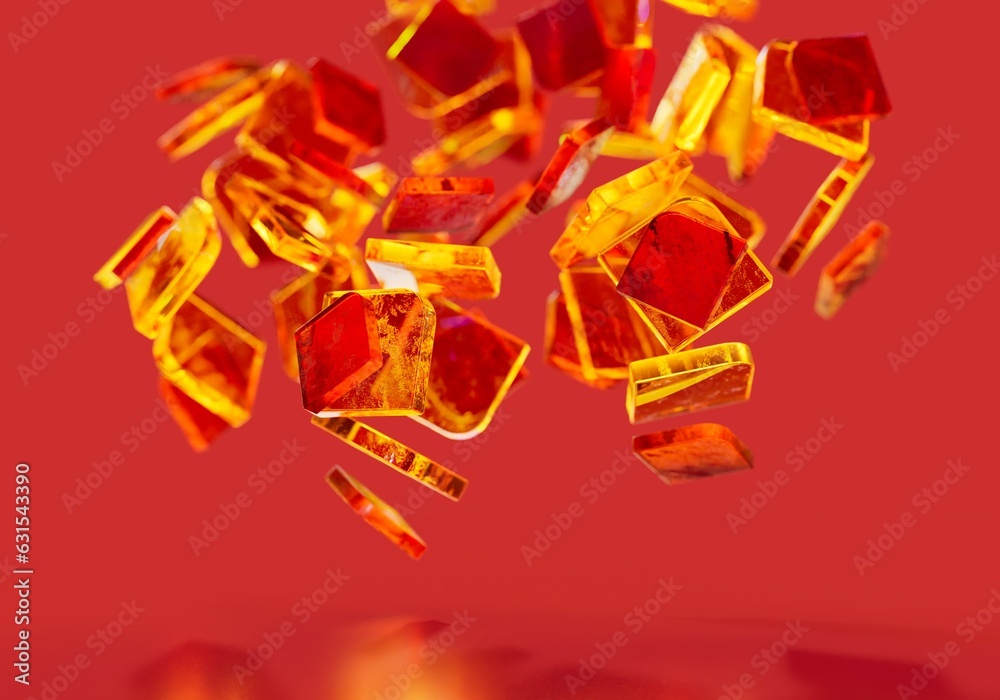 orange and red glass and plastic small parts in an abstract composition 3DCG rendered image