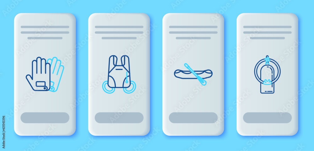 Set line Parachute, Rafting boat, Gloves and Aqualung icon. Vector