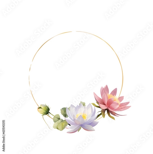 Lotus flowers, diamond and gem stones, hand lettering happy birthday. Floral round decoration border, botanical design elements