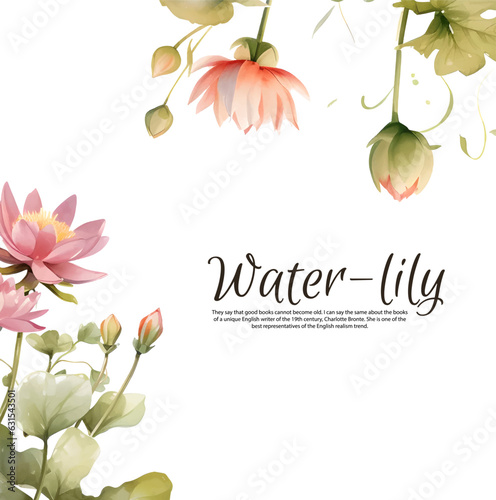 Watercolor lily isolated on white background, vector illustration. Oriental floral cards with pink lotus flowers for invitation