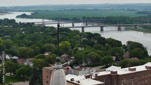 Aerial view of a cathedral near the Missouri river in Yankton, South Dakota photo