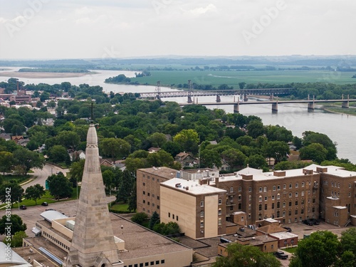 Aerial view of a cathedral near the Missouri river in Yankton, South Dakota photo