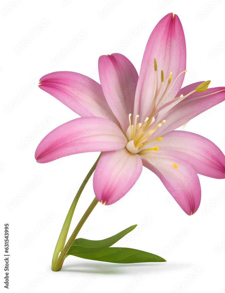 Pink lily flower isolated on white background with leaves