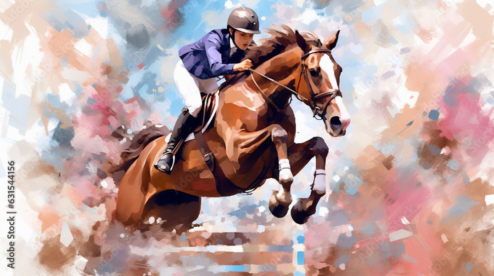 Equestrian show jumping painting illustration for competition - obrazy, fototapety, plakaty 