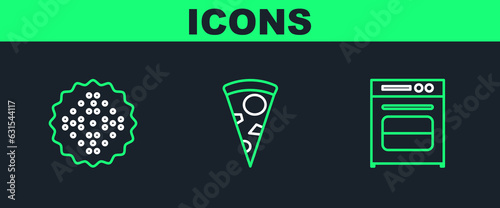 Set line Oven, Cracker biscuit and Slice of pizza icon. Vector