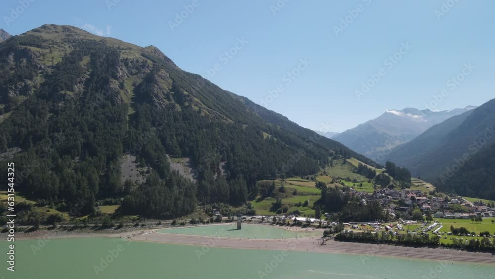 Lake Reschensee in Tirol with the sunken church tower