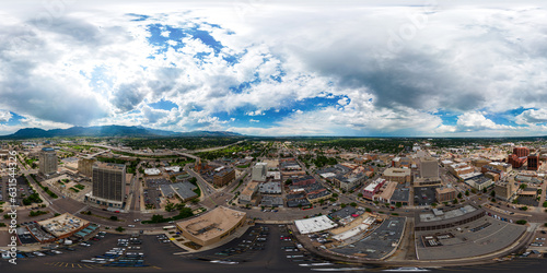Aerial 360 drone panorama Downtown Colorado Springs USA equirectangular