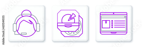 Set line Laptop with app delivery tracking, Support operator touch and Pizza cardboard box icon. Vector