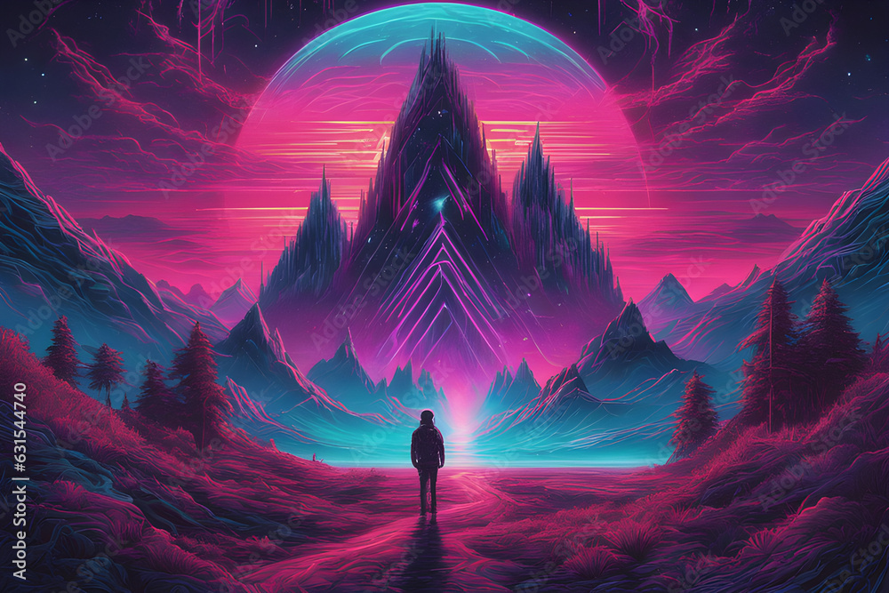 Neon glowing sun and neon sky with big neon mountain and a human | Synthwave / Retrowave / Vaporwave Background
