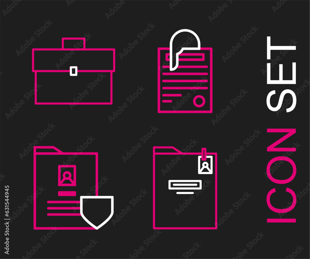 Set line Personal folder, Document with shield, File document and paper clip and Briefcase icon. Vector Set line Personal folder, Document with shield, File document and paper clip and Briefcase icon. Vector
