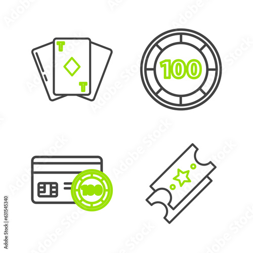 Set line Lottery ticket, Credit card, Casino chips and Playing with diamonds icon. Vector
