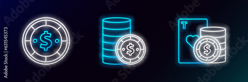 Set line Casino chip and playing cards, with dollar and icon. Glowing neon. Vector