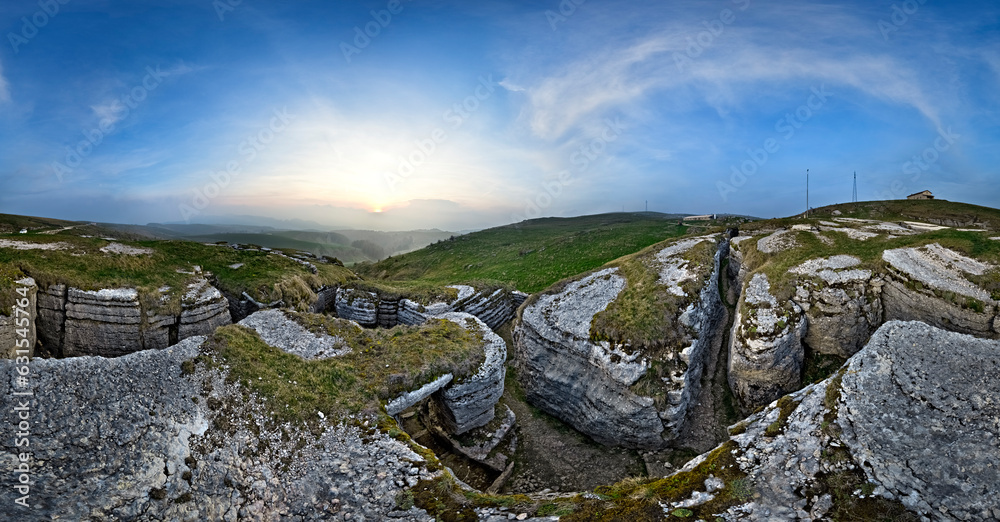 Italian trenches of the Great War at malga Pidocchio. Erbezzo, Lessinia, Veneto, Italy.