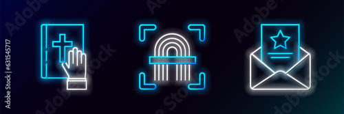 Set line The arrest warrant, Oath on the Holy Bible and Fingerprint icon. Glowing neon. Vector