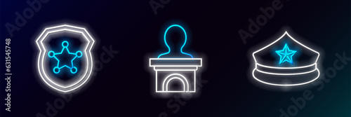 Set line Police cap with cockade, badge and Stage stand or debate podium rostrum icon. Glowing neon. Vector