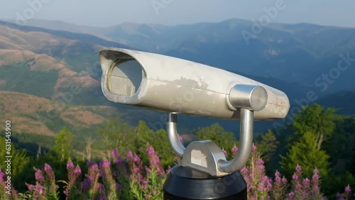 touristic telescope closeup metal monocular viewpoint observe mountain