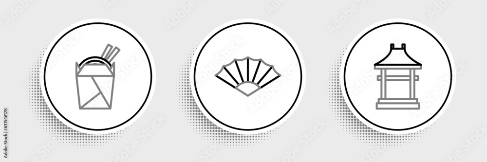 Set line Japan Gate, Asian noodles in paper box and chopsticks and Paper chinese or japanese folding fan icon. Vector Set line Japan Gate, Asian noodles in paper box and chopsticks and Paper chinese or japanese folding fan icon. Vector