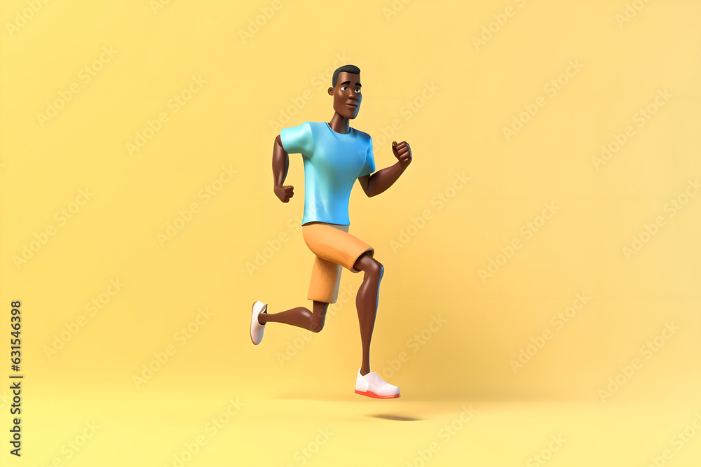 Cartoon virtual avatar of a black man running and doing fitness and taking care of himself